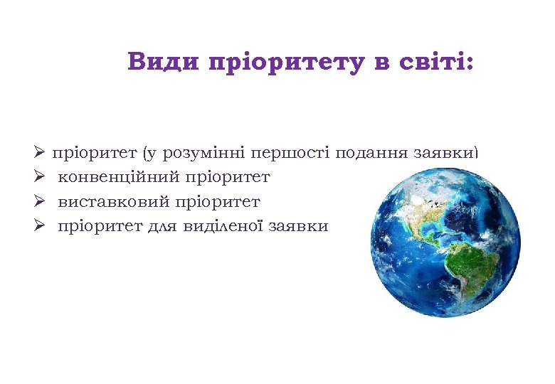 Види пріоритету в світі: Ø Ø пріоритет (у розумінні першості подання заявки) конвенційний пріоритет