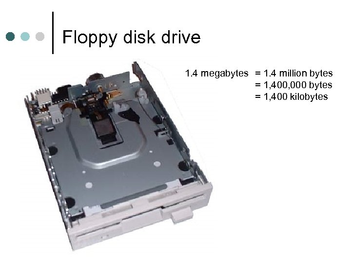 Floppy disk drive 1. 4 megabytes = 1. 4 million bytes = 1, 400,