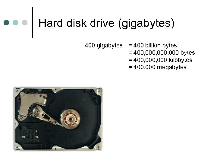 Hard disk drive (gigabytes) 400 gigabytes = 400 billion bytes = 400, 000, 000