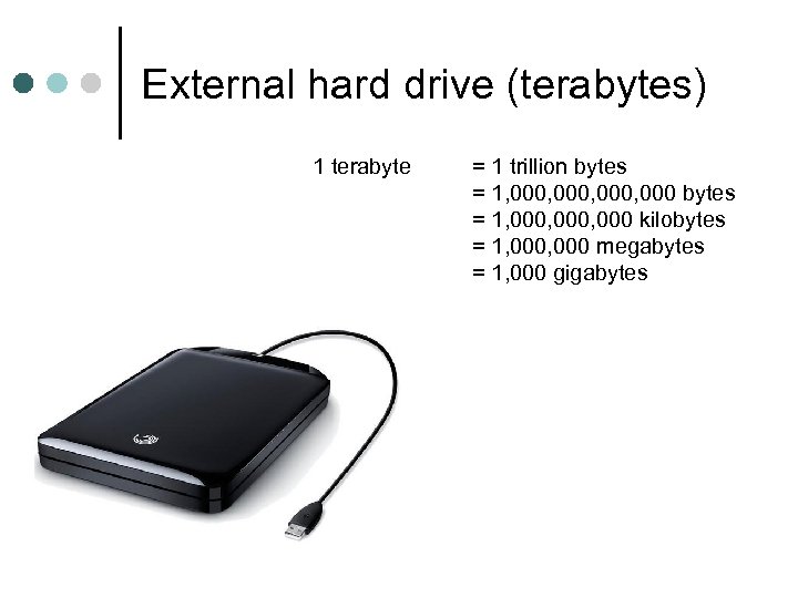 External hard drive (terabytes) 1 terabyte = 1 trillion bytes = 1, 000, 000
