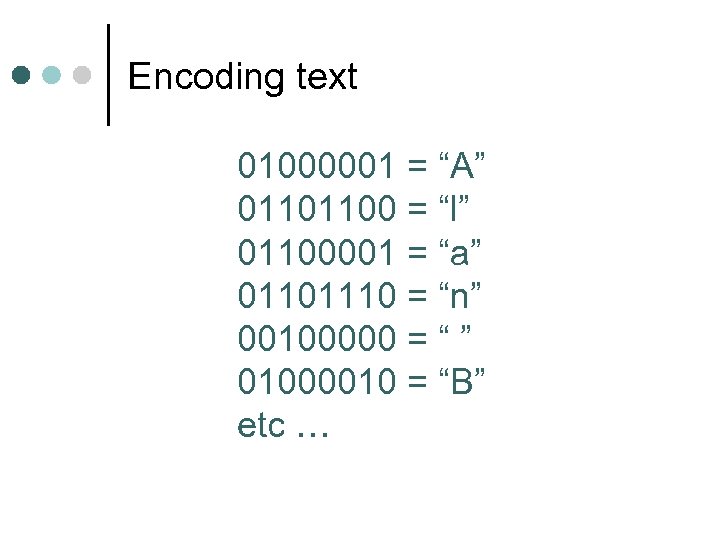 Encoding text 01000001 = “A” 01101100 = “l” 01100001 = “a” 01101110 = “n”