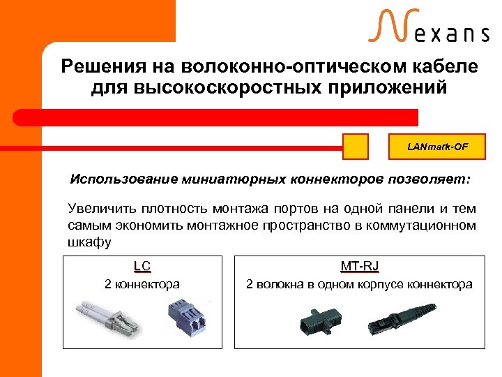 Решения на волоконно-оптическом кабеле для высокоскоростных приложений LANmark-OF Использование миниатюрных коннекторов позволяет: Увеличить плотность