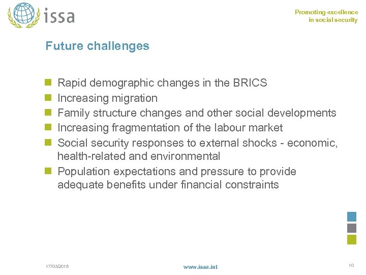 Promoting excellence in social security Future challenges n n n Rapid demographic changes in