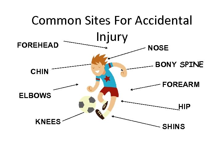 Common Sites For Accidental Injury FOREHEAD CHIN NOSE BONY SPINE FOREARM ELBOWS HIP KNEES