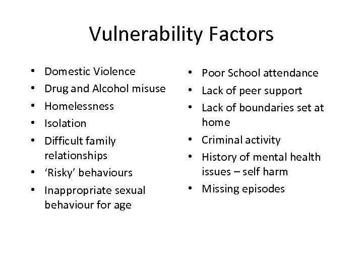 Vulnerability Factors Domestic Violence Drug and Alcohol misuse Homelessness Isolation Difficult family relationships •