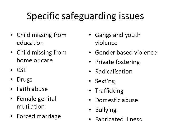 Specific safeguarding issues • Child missing from education • Child missing from home or