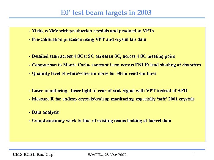 E 0’ test beam targets in 2003 - Yield, e/Me. V with production crystals