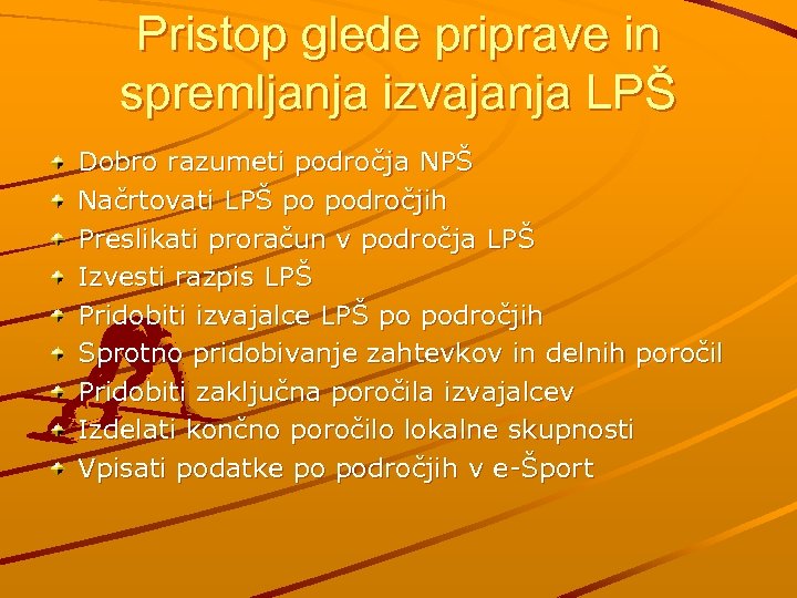 Pristop glede priprave in spremljanja izvajanja LPŠ Dobro razumeti področja NPŠ Načrtovati LPŠ po