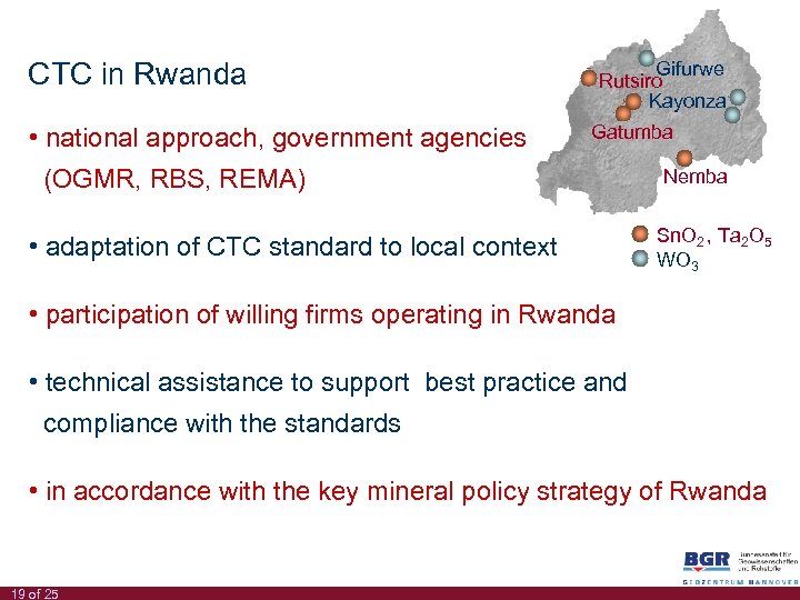 CTC in Rwanda • national approach, government agencies Gifurwe Rutsiro Kayonza Gatumba (OGMR, RBS,