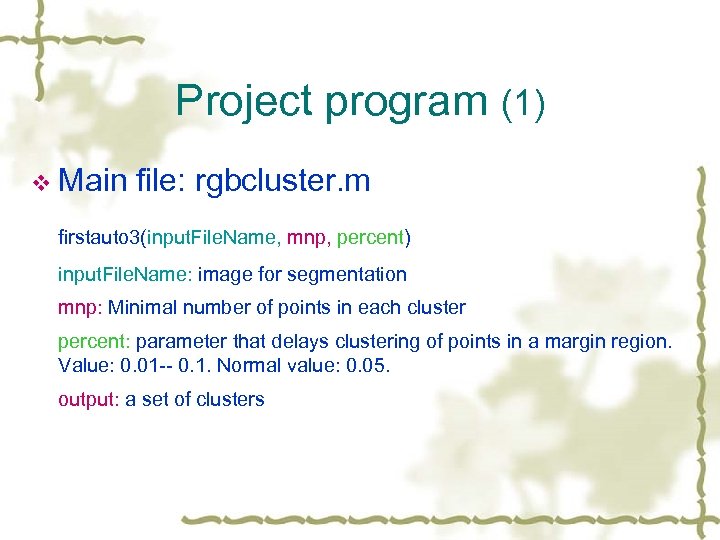Project program (1) v Main file: rgbcluster. m firstauto 3(input. File. Name, mnp, percent)