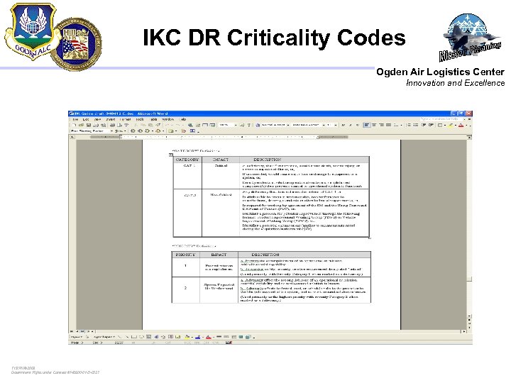 IKC DR Criticality Codes Ogden Air Logistics Center Innovation and Excellence TYBRIN© 2003 Government