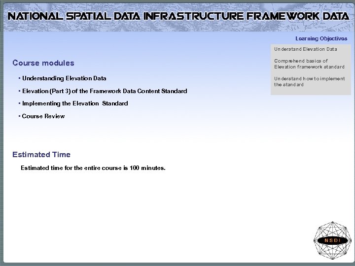 Learning Objectives Understand Elevation Data Course modules • Understanding Elevation Data • Elevation (Part
