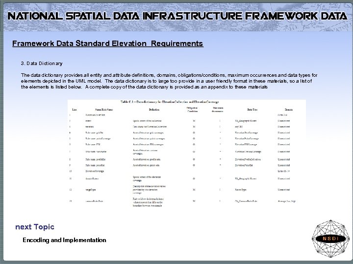 Framework Data Standard Elevation Requirements 3. Data Dictionary The data dictionary provides all entity
