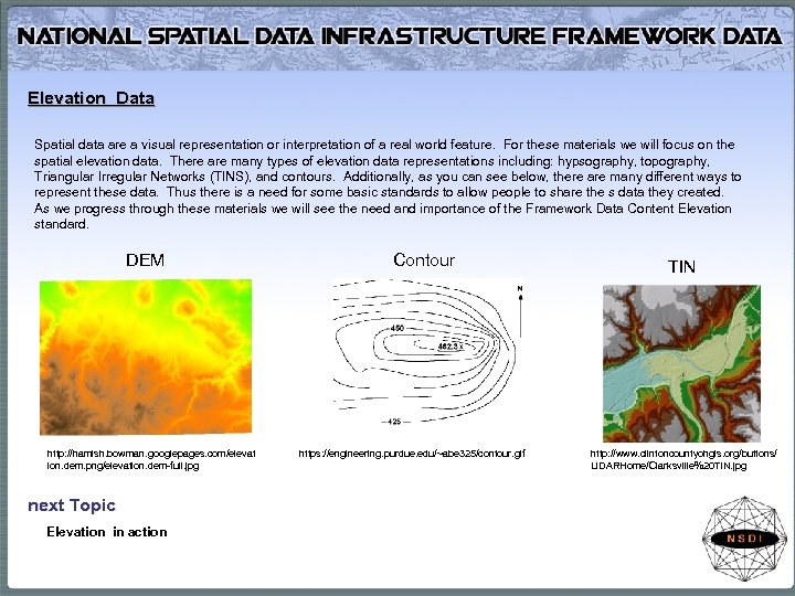 Elevation Data Spatial data are a visual representation or interpretation of a real world