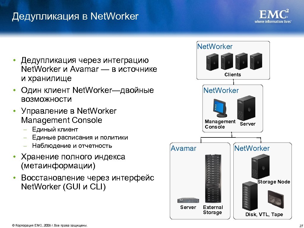 Дедупликация в Net. Worker • Дедупликация через интеграцию Net. Worker и Avamar — в