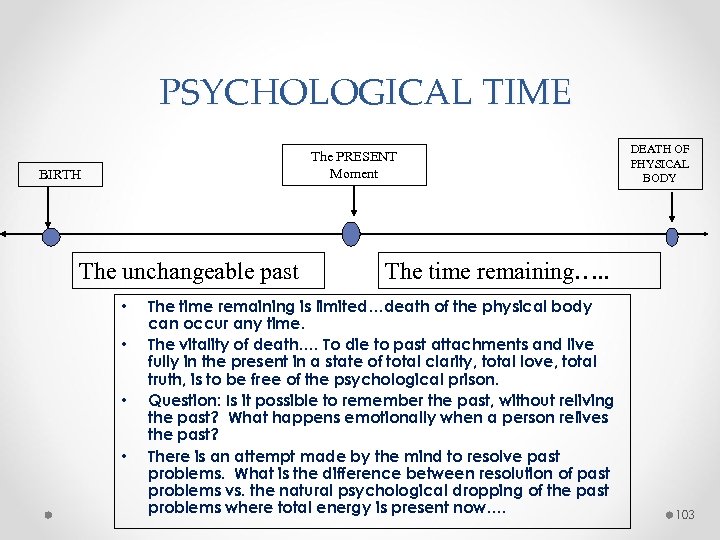 PSYCHOLOGICAL TIME The PRESENT Moment BIRTH The unchangeable past • • DEATH OF PHYSICAL