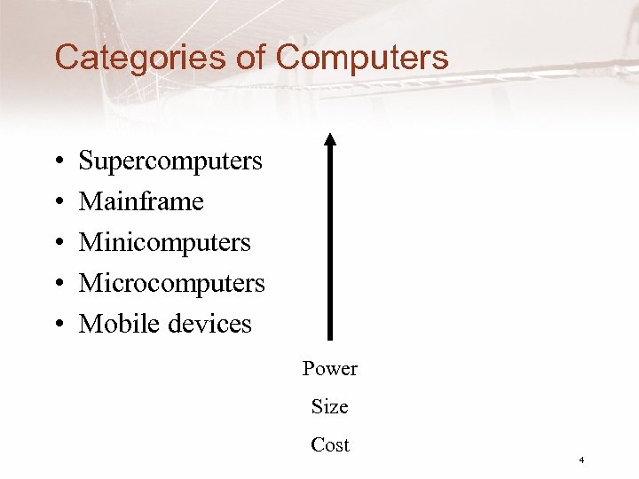 Categories of Computers • • • Supercomputers Mainframe Minicomputers Microcomputers Mobile devices Power Size