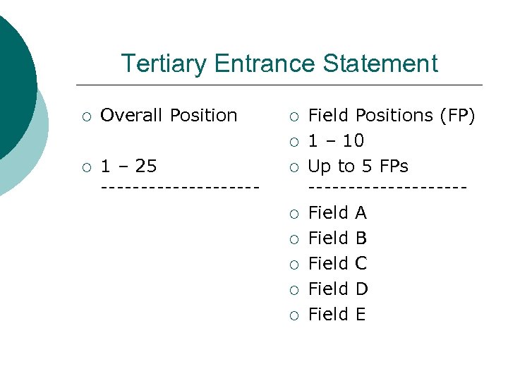 Tertiary Entrance Statement ¡ Overall Position ¡ ¡ ¡ 1 – 25 ---------- ¡