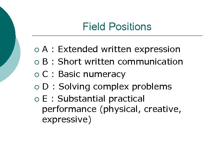 Field Positions A : Extended written expression ¡ B : Short written communication ¡