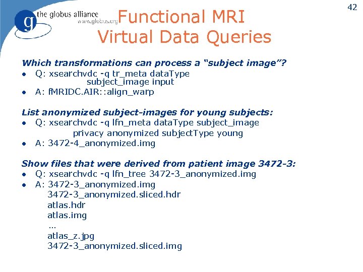 Functional MRI Virtual Data Queries Which transformations can process a “subject image”? l Q: