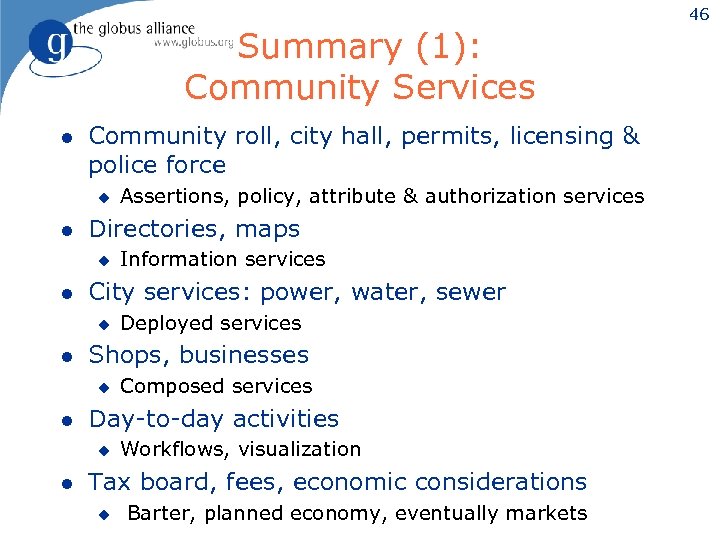 46 Summary (1): Community Services l Community roll, city hall, permits, licensing & police