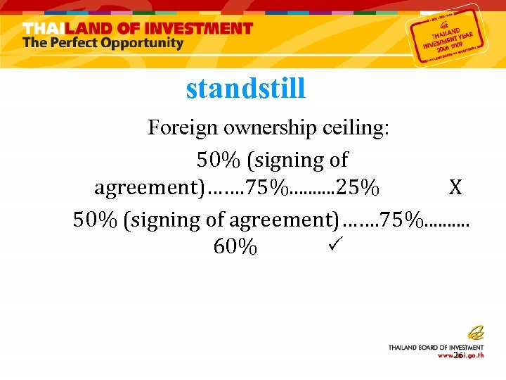 standstill Foreign ownership ceiling: 50% (signing of agreement)……. 75%. . 25% X 50% (signing