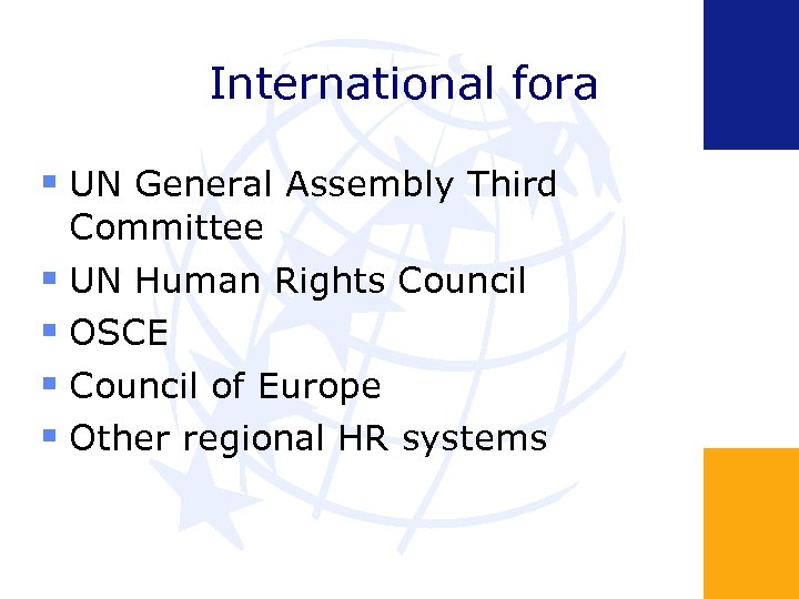 International fora UN General Assembly Third Committee UN Human Rights Council OSCE Council of