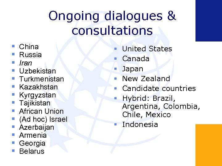 Ongoing dialogues & consultations China Russia Iran Uzbekistan Turkmenistan Kazakhstan Kyrgyzstan Tajikistan African Union