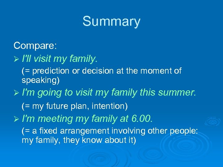 Summary Compare: Ø I'll visit my family. (= prediction or decision at the moment