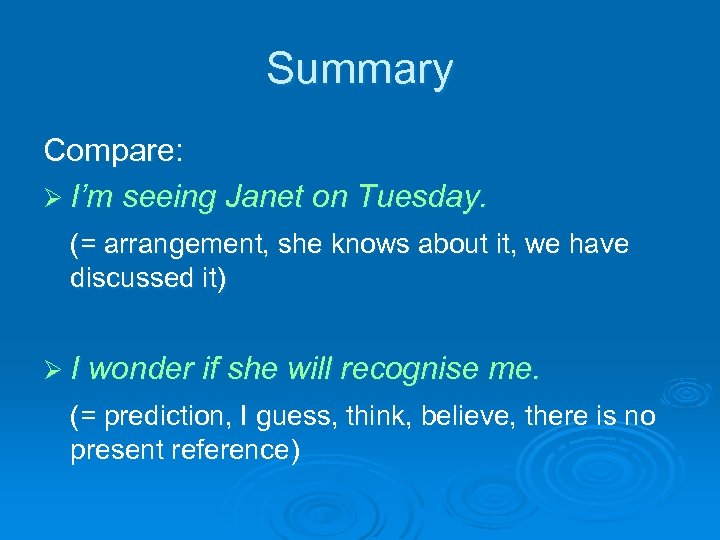 Summary Compare: Ø I’m seeing Janet on Tuesday. (= arrangement, she knows about it,