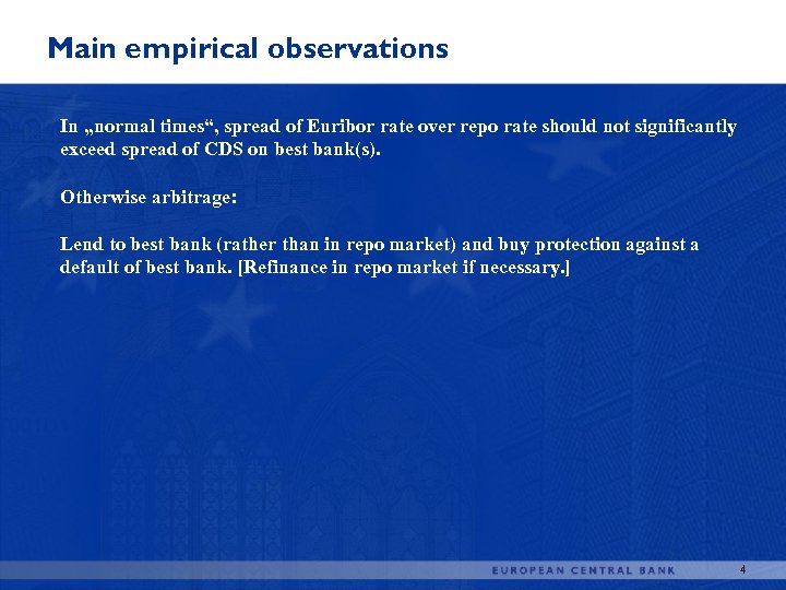 Main empirical observations In „normal times“, spread of Euribor rate over repo rate should