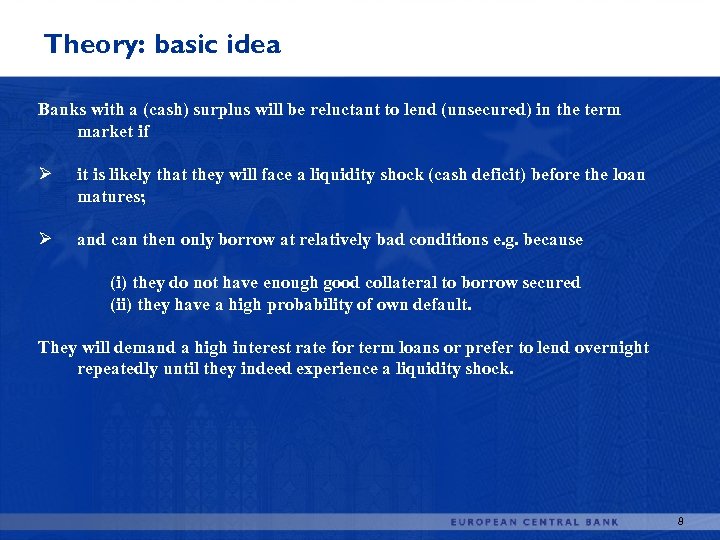 Theory: basic idea Banks with a (cash) surplus will be reluctant to lend (unsecured)