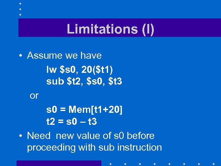 Limitations (I) • Assume we have lw $s 0, 20($t 1) sub $t 2,