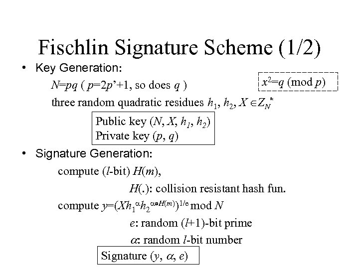 Fischlin Signature Scheme (1/2) • Key Generation: x 2=q (mod p) N=pq ( p=2