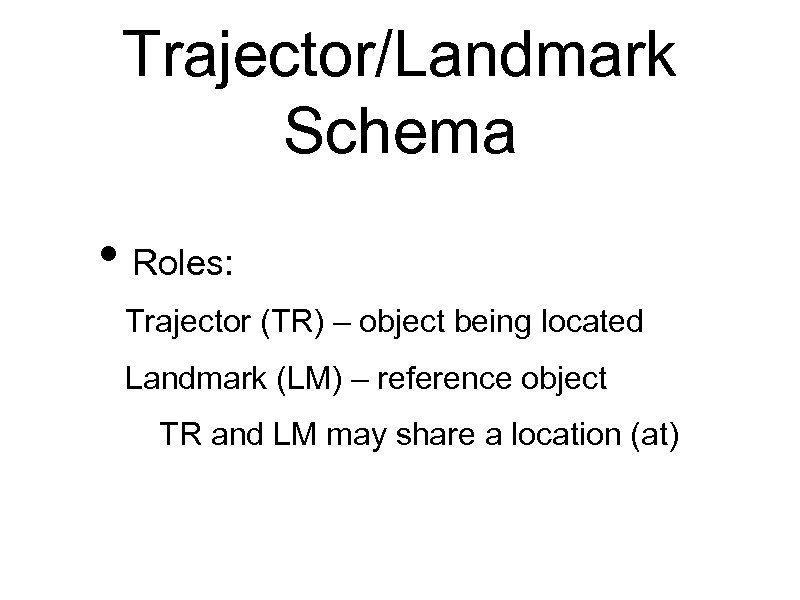 Trajector/Landmark Schema • Roles: Trajector (TR) – object being located Landmark (LM) – reference