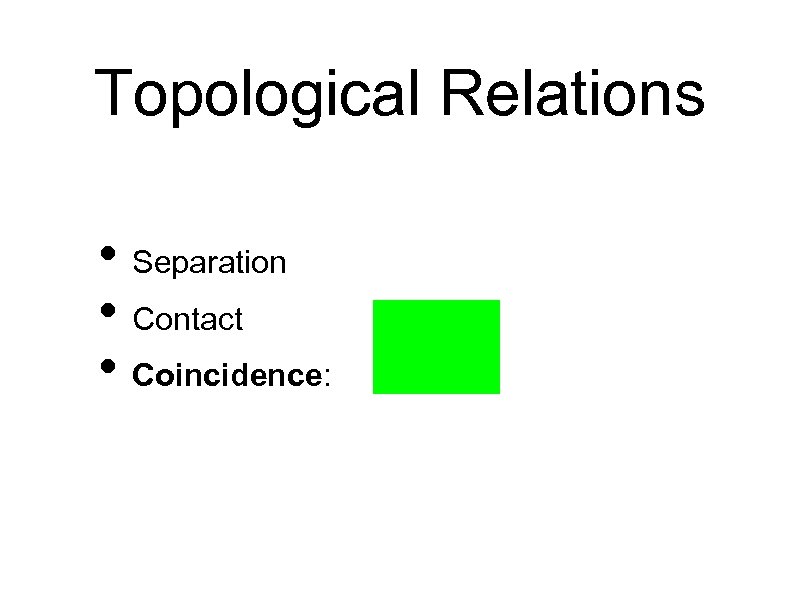 Topological Relations • Separation • Contact • Coincidence: 