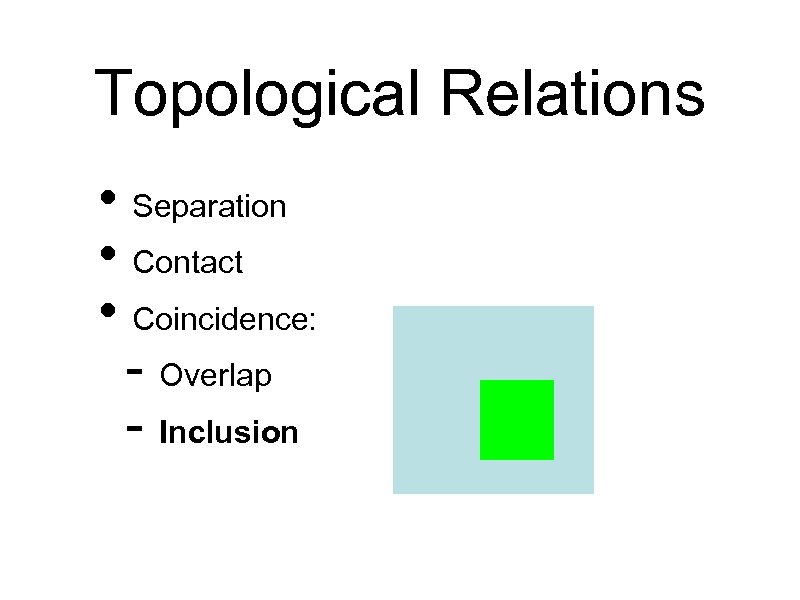 Topological Relations • Separation • Contact • Coincidence: - Overlap - Inclusion 