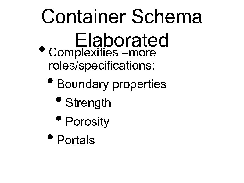 Container Schema Elaborated • Complexities –more roles/specifications: • Boundary properties • Strength • Porosity