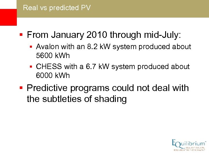 Real vs predicted PV § From January 2010 through mid-July: § Avalon with an