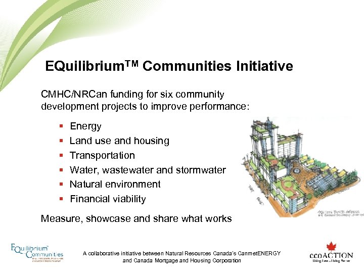 EQuilibrium. TM Communities Initiative CMHC/NRCan funding for six community development projects to improve performance: