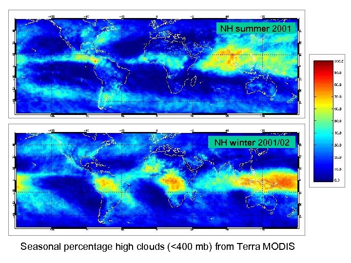 NH summer 2001 NH winter 2001/02 Seasonal percentage high clouds (<400 mb) from Terra