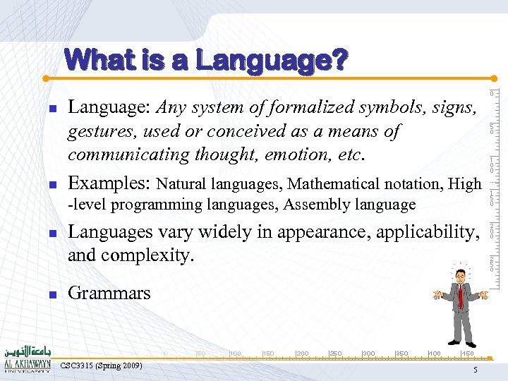 What is a Language? n n Language: Any system of formalized symbols, signs, gestures,