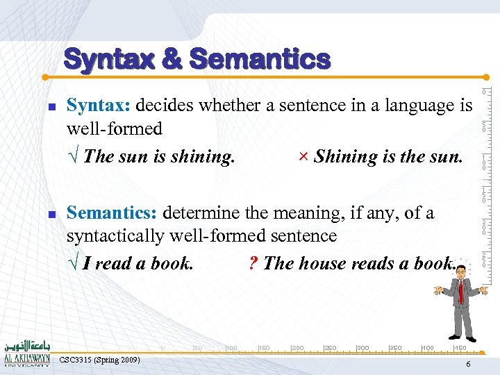 Syntax & Semantics n n Syntax: decides whether a sentence in a language is