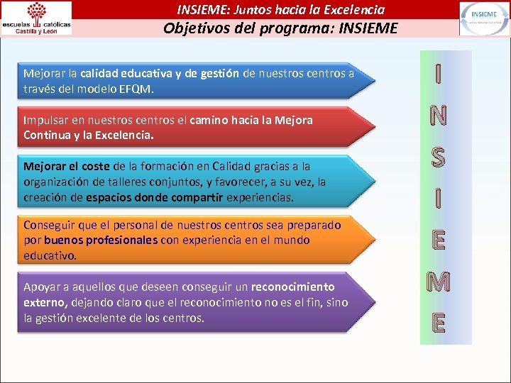 INSIEME: Juntos hacia la Excelencia Objetivos del programa: INSIEME Mejorar la calidad educativa y
