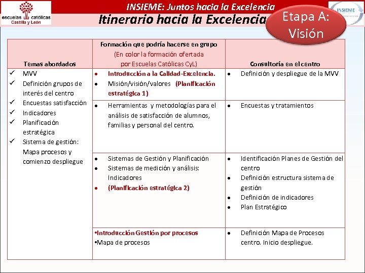 INSIEME: Juntos hacia la Excelencia Itinerario hacia la Excelencia Temas abordados MVV Definición grupos