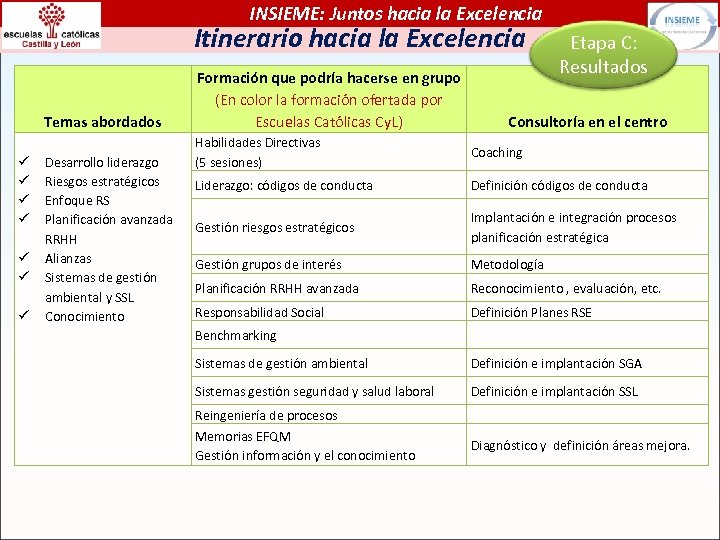 INSIEME: Juntos hacia la Excelencia Itinerario hacia la Excelencia Temas abordados Desarrollo liderazgo Riesgos