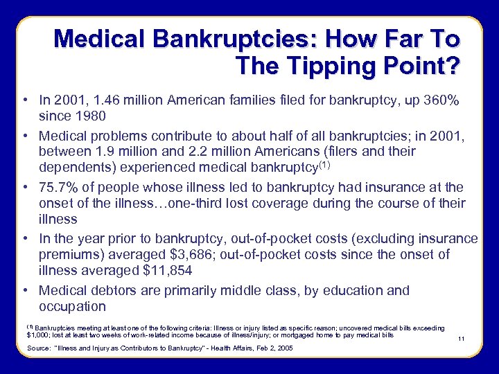 Medical Bankruptcies: How Far To The Tipping Point? • In 2001, 1. 46 million