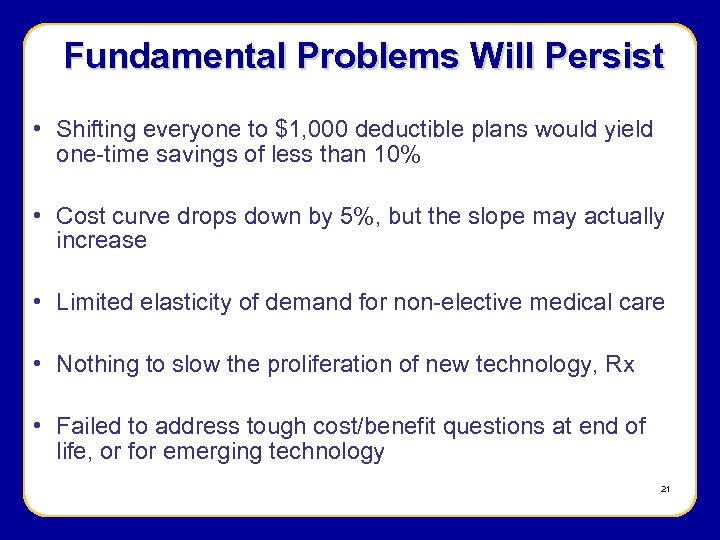 Fundamental Problems Will Persist • Shifting everyone to $1, 000 deductible plans would yield