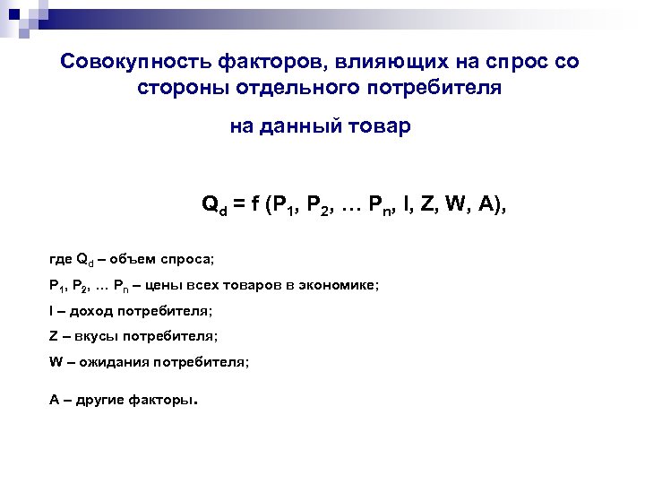 Совокупность факторов, влияющих на спрос со стороны отдельного потребителя на данный товар Qd =