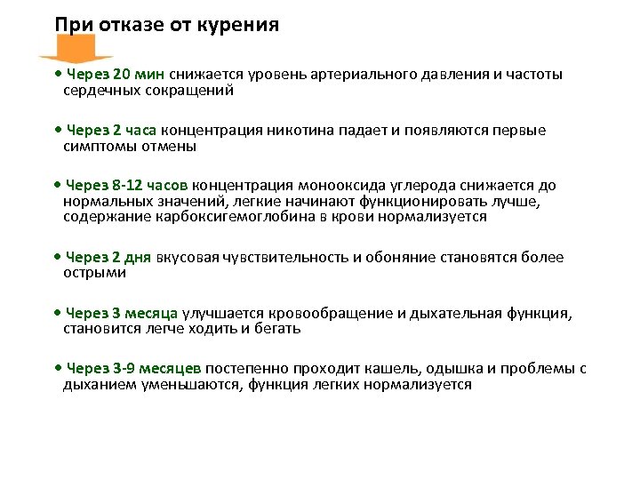 При отказе от курения • Через 20 мин снижается уровень артериального давления и частоты